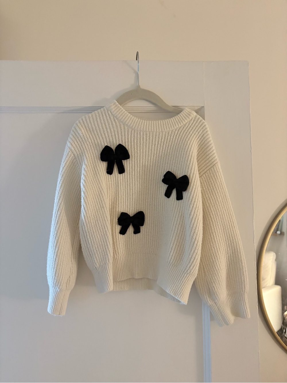 GAP White Crewneck Sweater with Black Bow Appliqués
